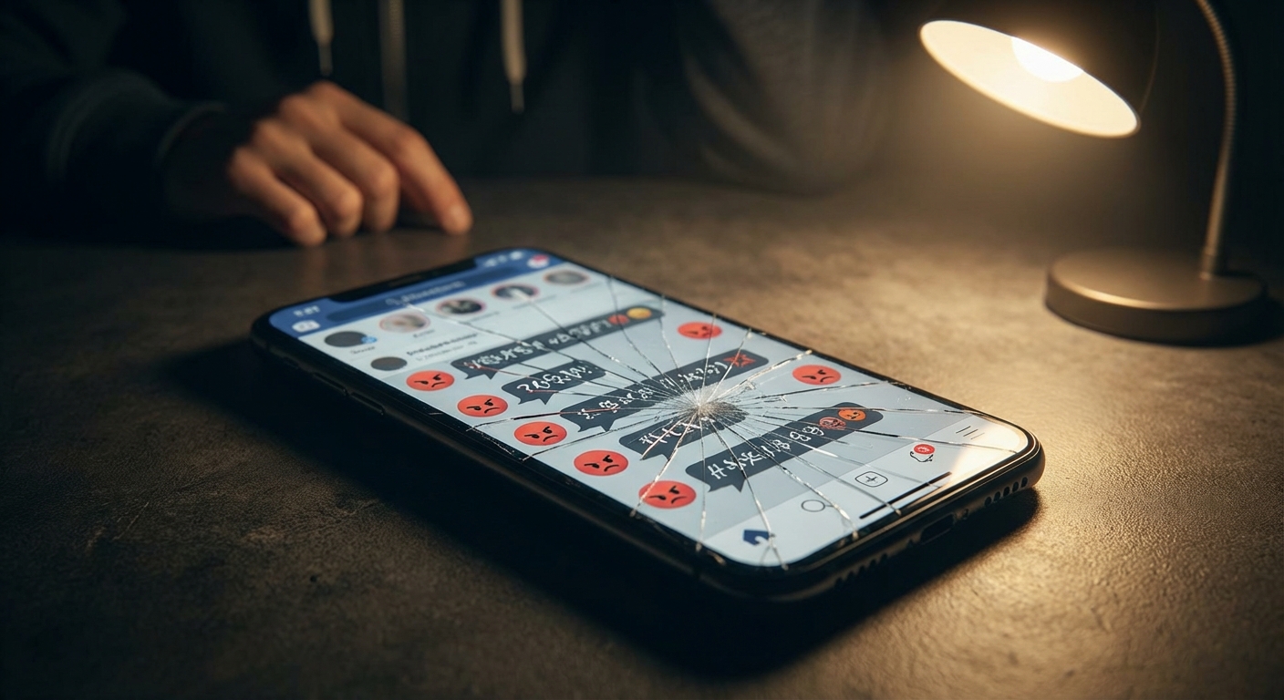 Broken phone screen showing social media with angry comments