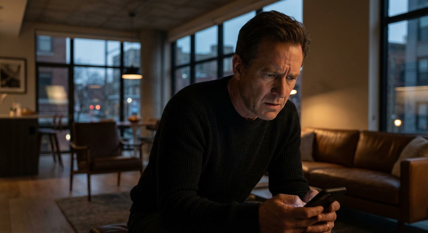 Person concerned about their online reputation on smartphone