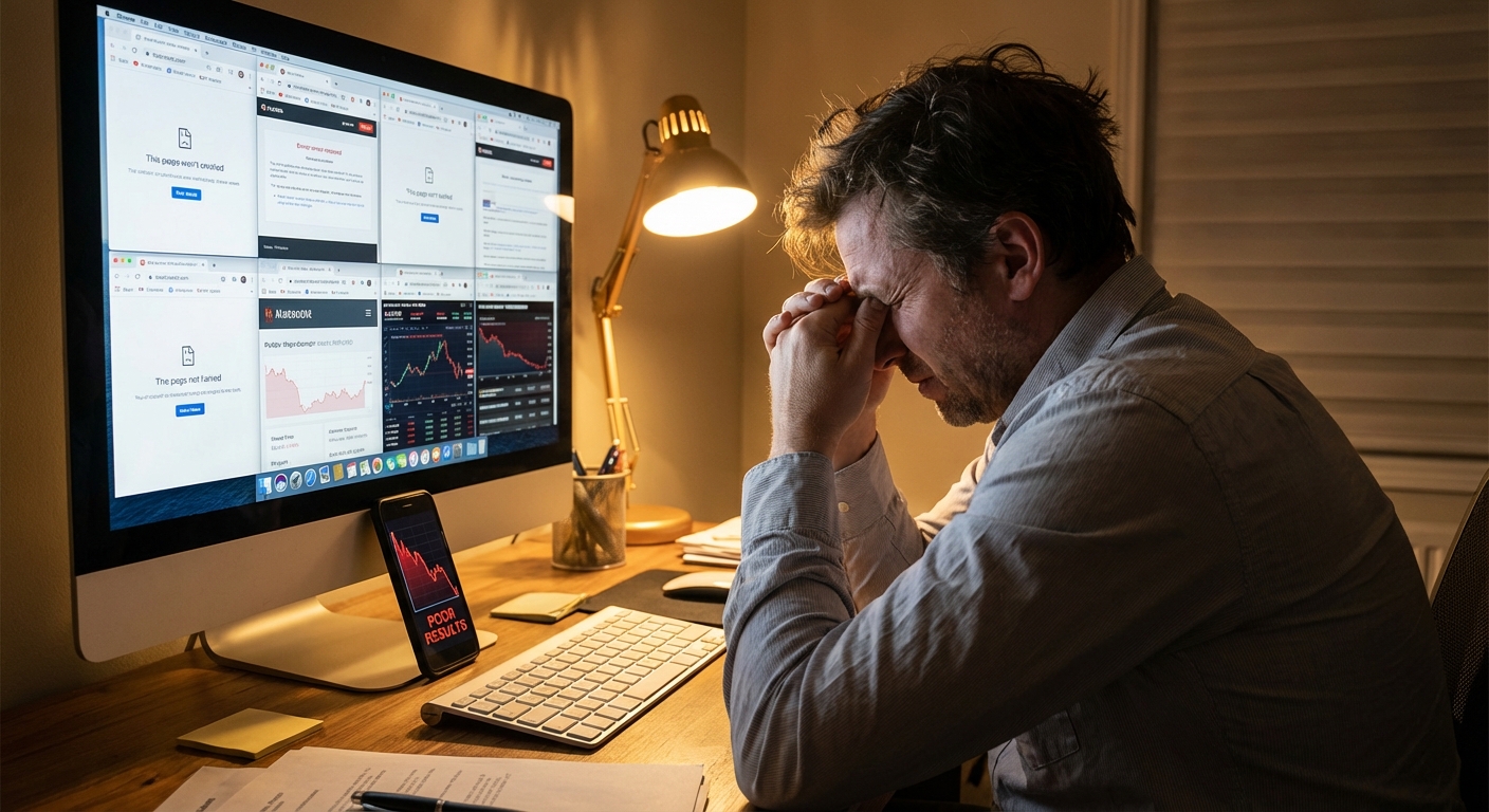 Frustrated person at desk with multiple browser tabs open