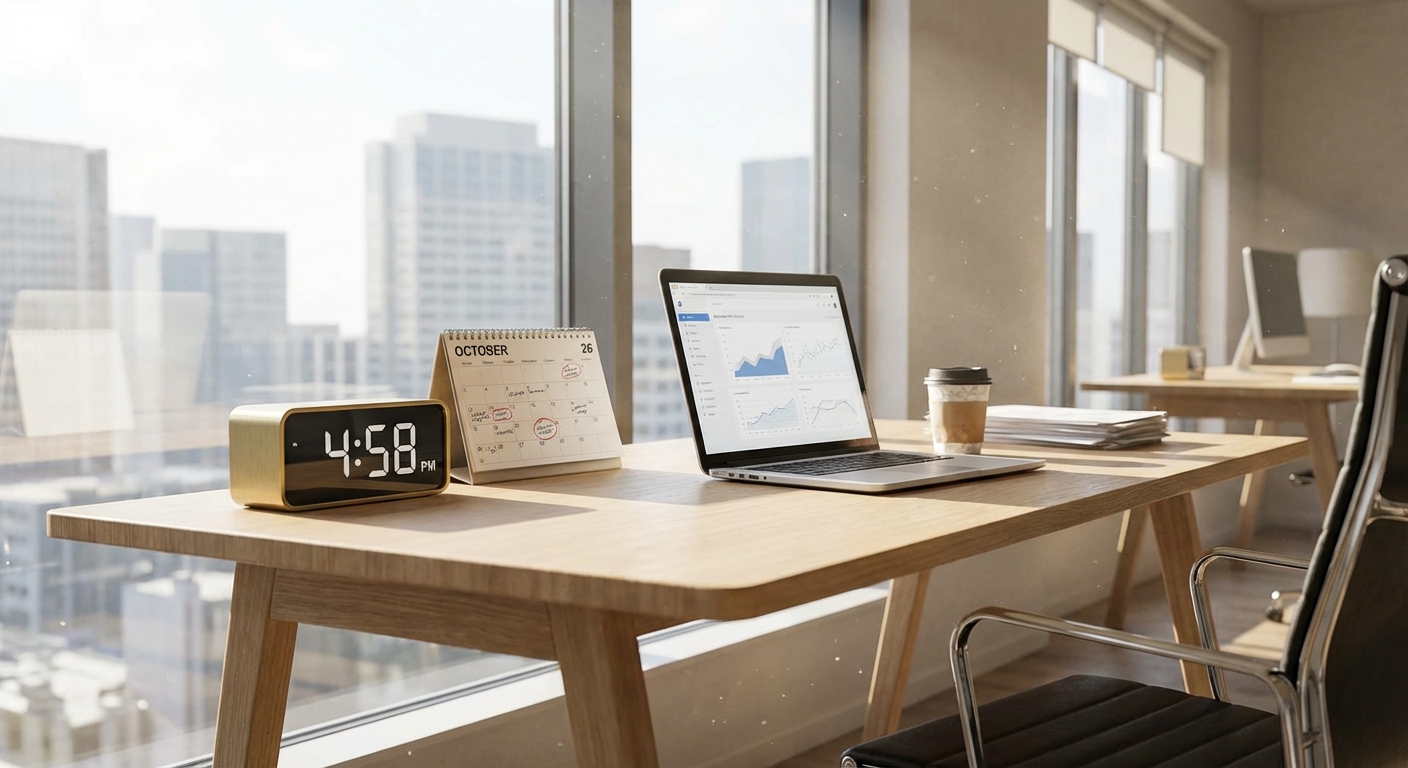 Clock and calendar on desk next to laptop