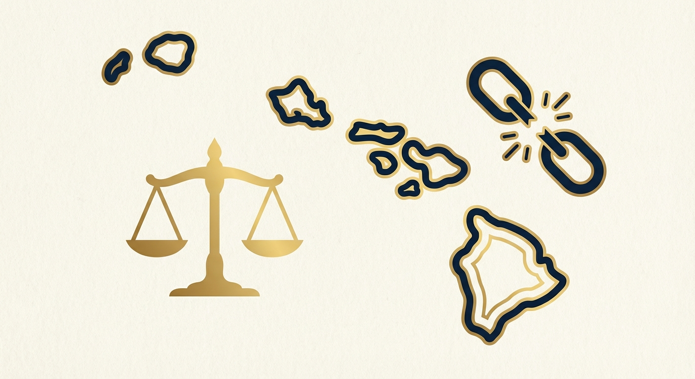 Hawaii state outline with scales of justice representing AWDTSG post removal services